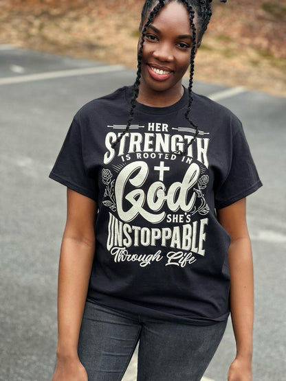 Her Strength Is Rooted in Him Tee - Black